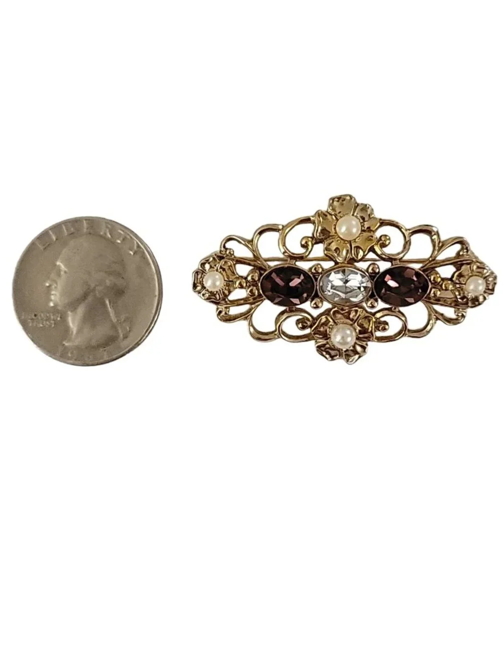 1928 Brand Gold Tone Victorian Style Glass Rhinestone Flower Brooch Pin K530